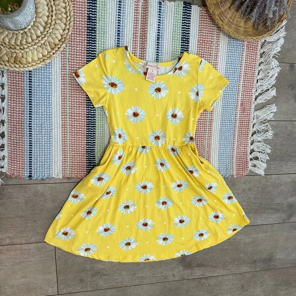 Emma & Elsa Girl’s Yellow Floral Buttery Soft Cozy Dress with Pockets Size 4
